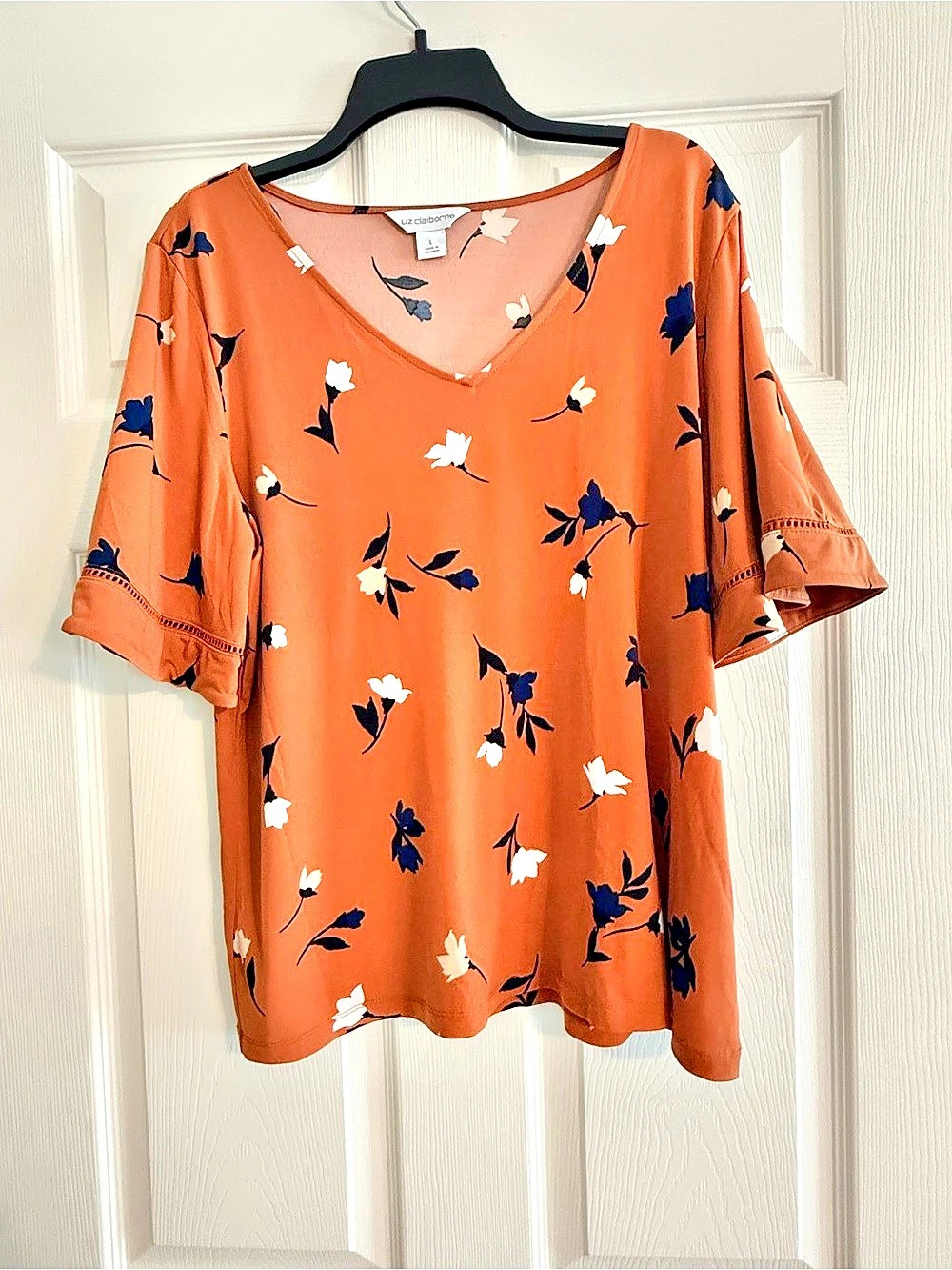 Liz Claiborne Floral V-Neck Blouse Orange & Blue Like New Large